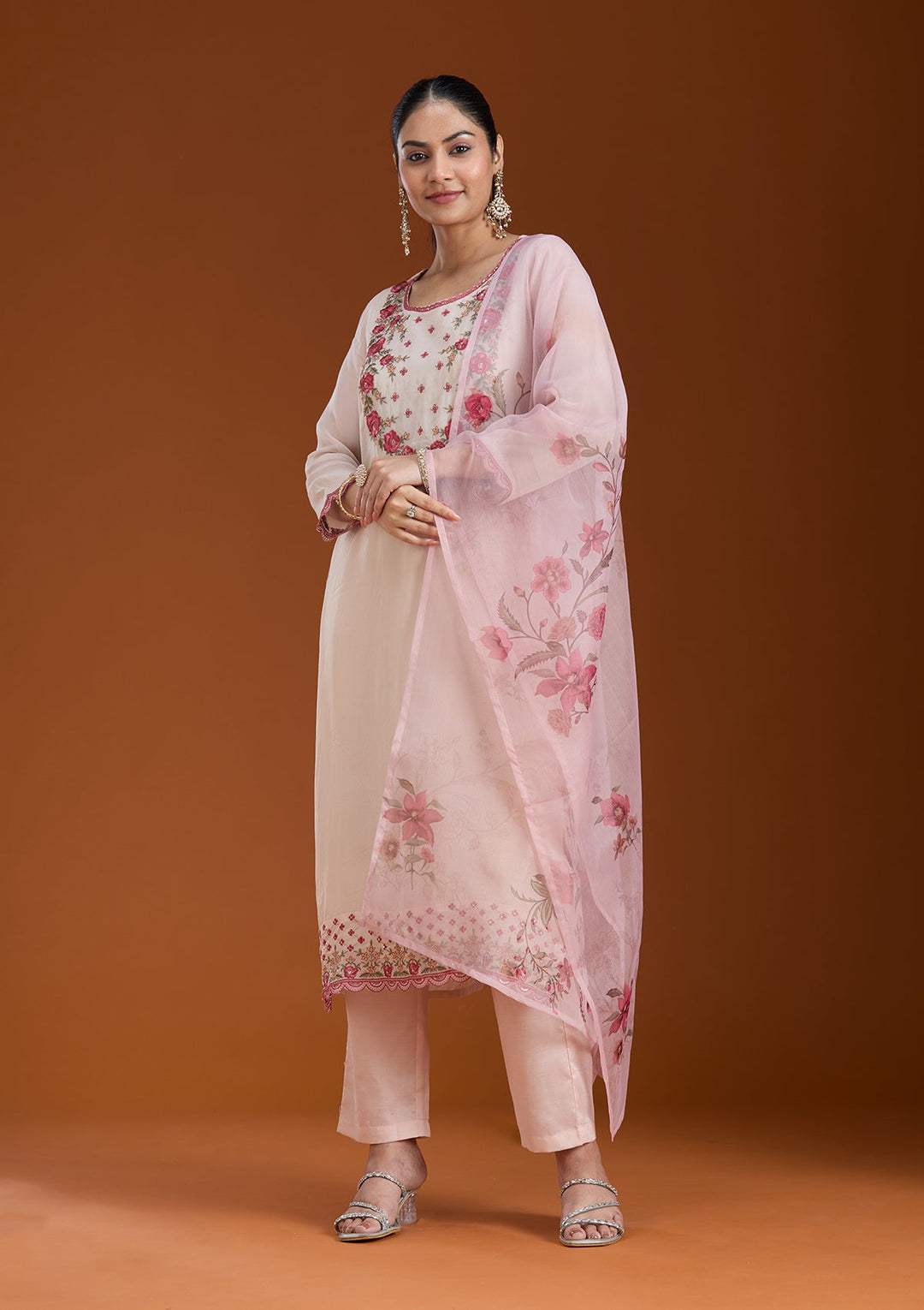 Beige Threadwork Organza Readymade Salwar Suit_koskii