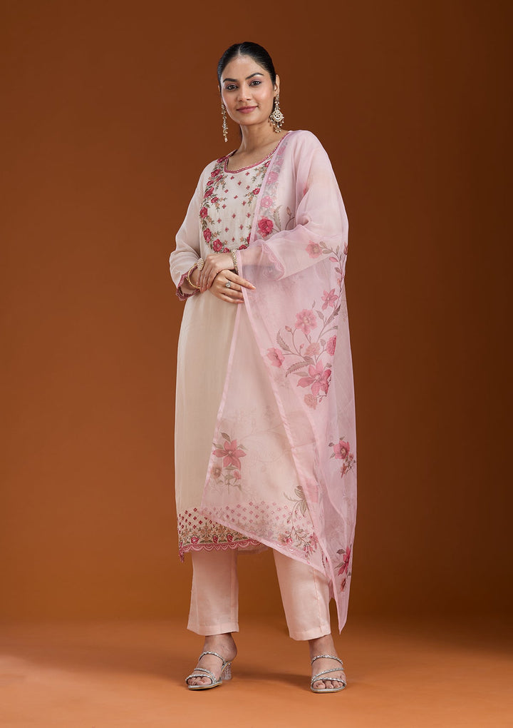 Beige Threadwork Organza Readymade Salwar Suit_koskii