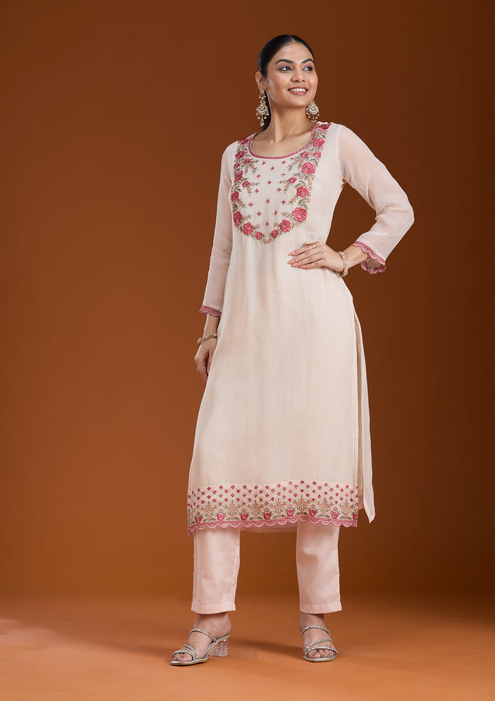 Beige Threadwork Organza Readymade Salwar Suit_koskii