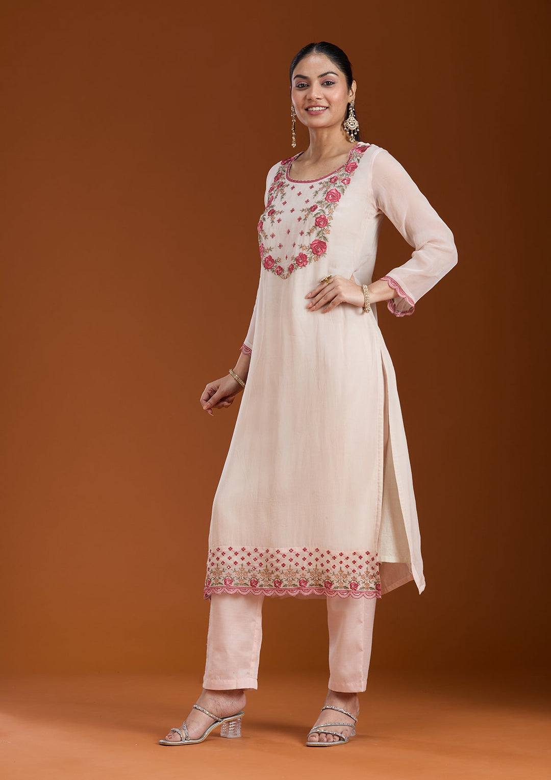 Beige Threadwork Organza Readymade Salwar Suit_koskii