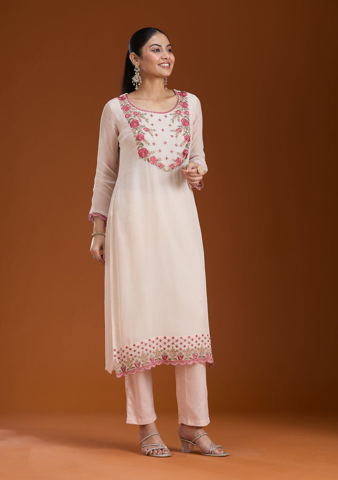 Beige Threadwork Organza Readymade Salwar Suit_koskii