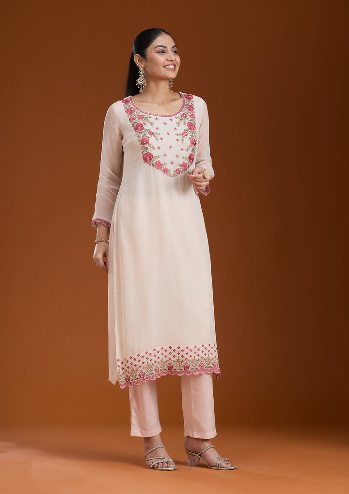 Beige Threadwork Organza Readymade Salwar Suit_koskii