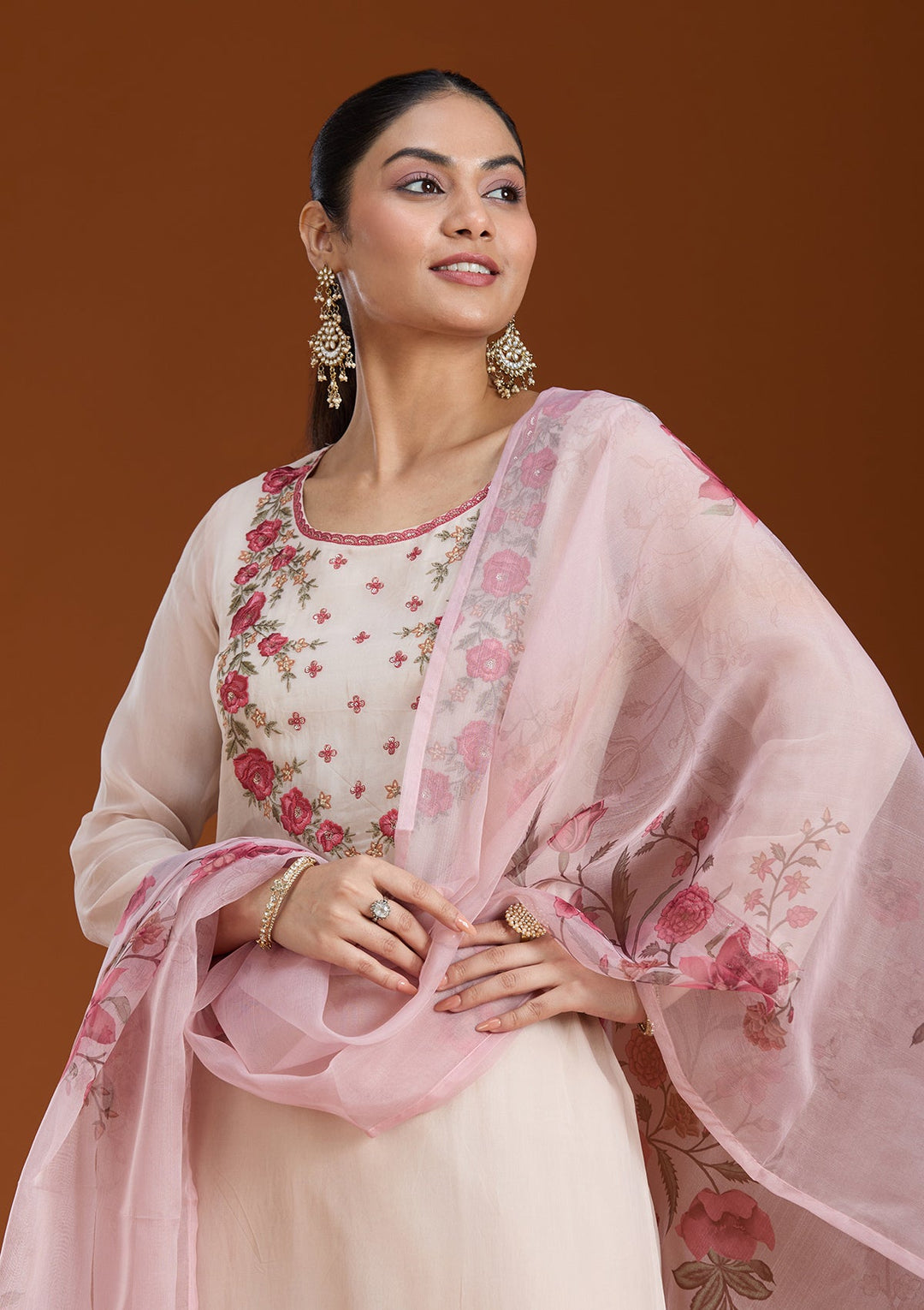 Beige Threadwork Organza Readymade Salwar Suit_koskii