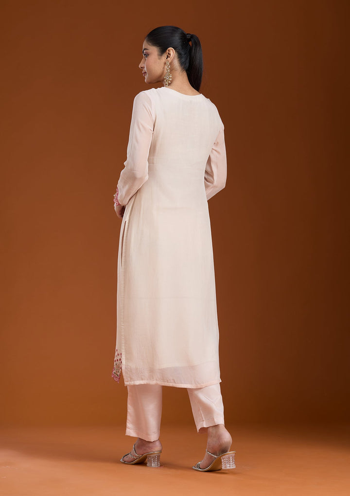 Beige Threadwork Organza Readymade Salwar Suit_koskii