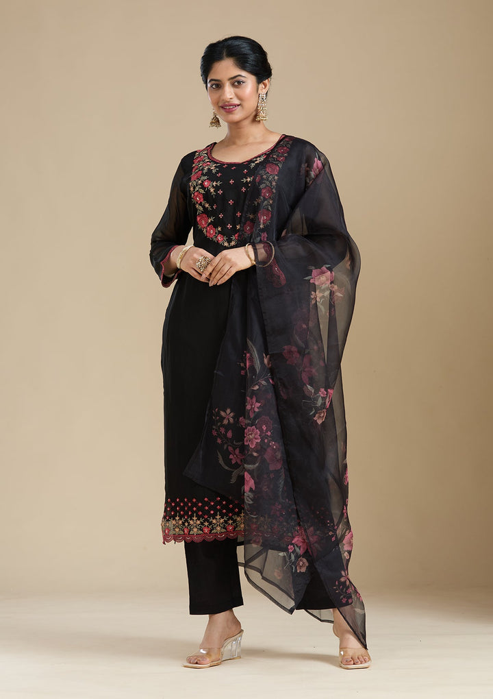 Black Threadwork Organza Readymade Salwar Suit-Koskii