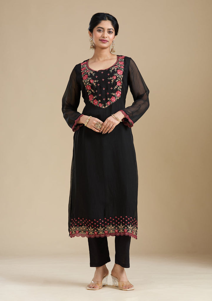 Black Threadwork Organza Readymade Salwar Suit-Koskii
