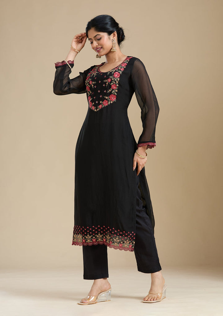 Black Threadwork Organza Readymade Salwar Suit-Koskii