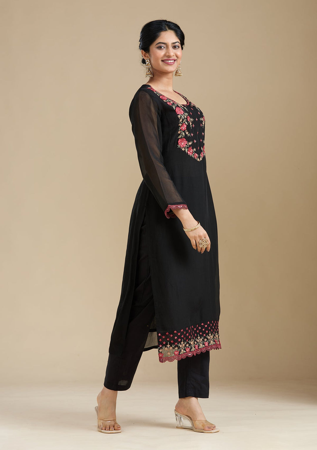 Black Threadwork Organza Readymade Salwar Suit-Koskii