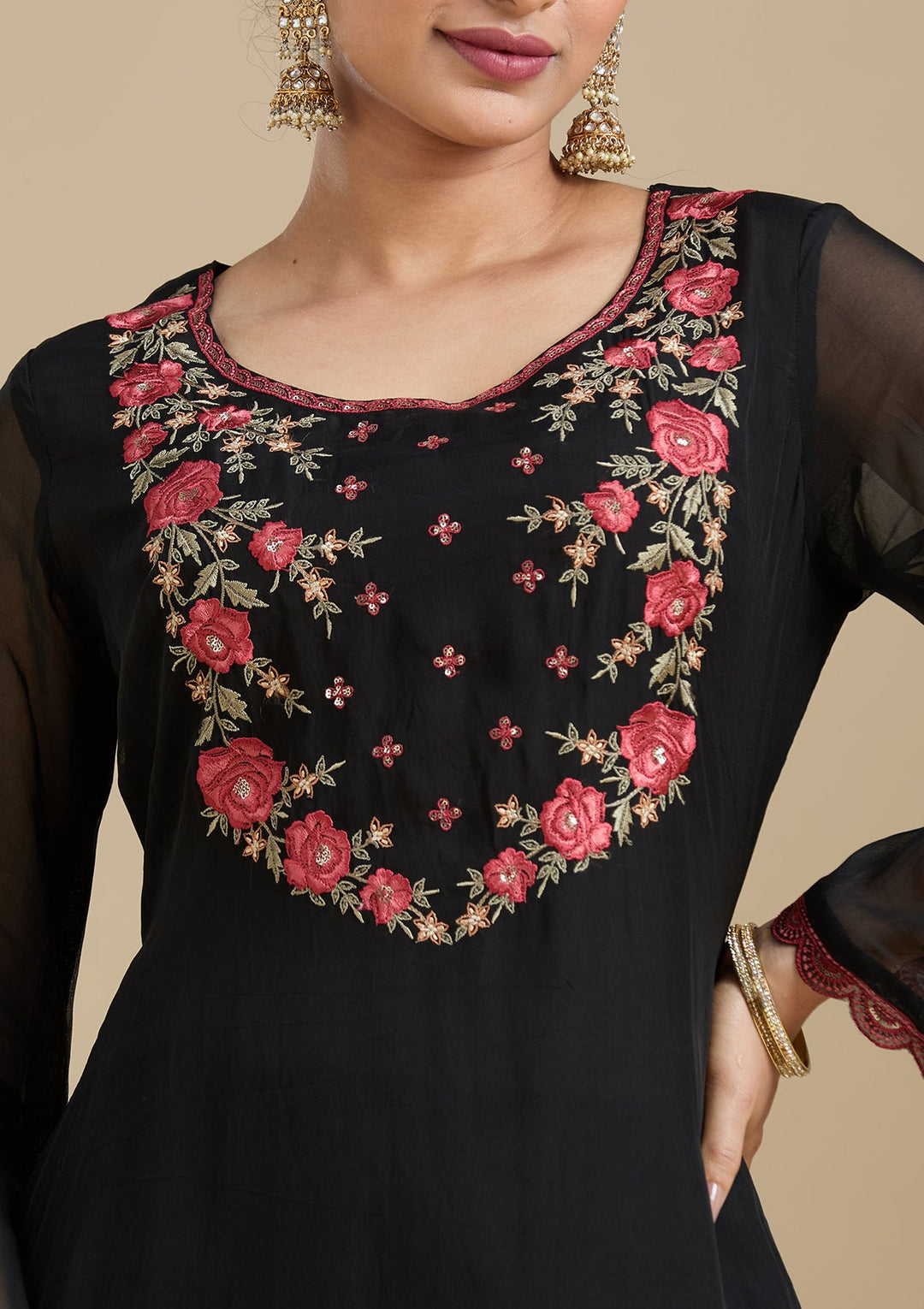 Black Threadwork Organza Readymade Salwar Suit-Koskii