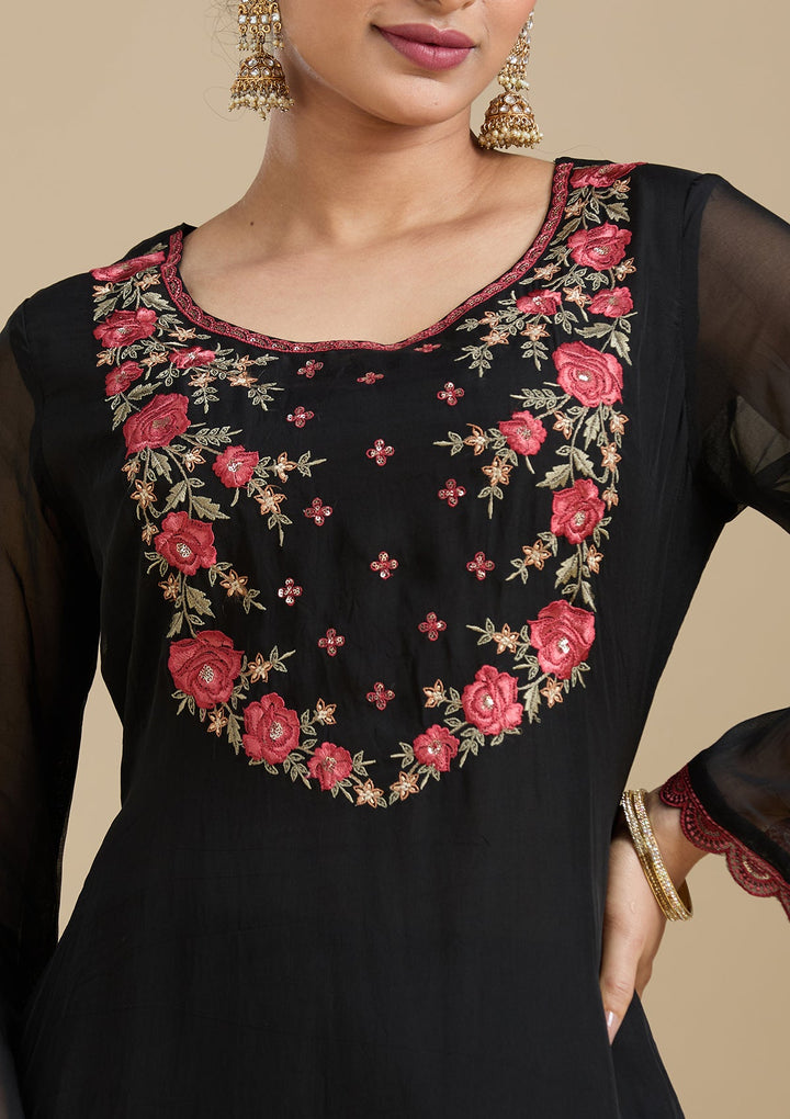 Black Threadwork Organza Readymade Salwar Suit-Koskii
