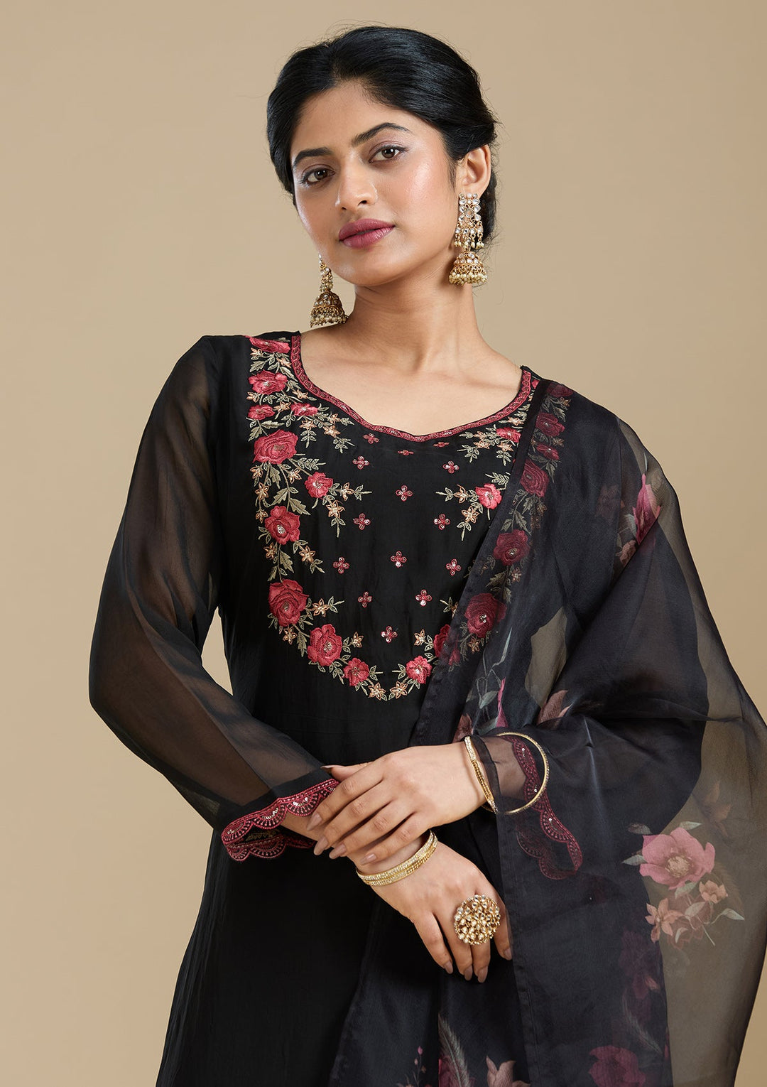 Black Threadwork Organza Readymade Salwar Suit-Koskii