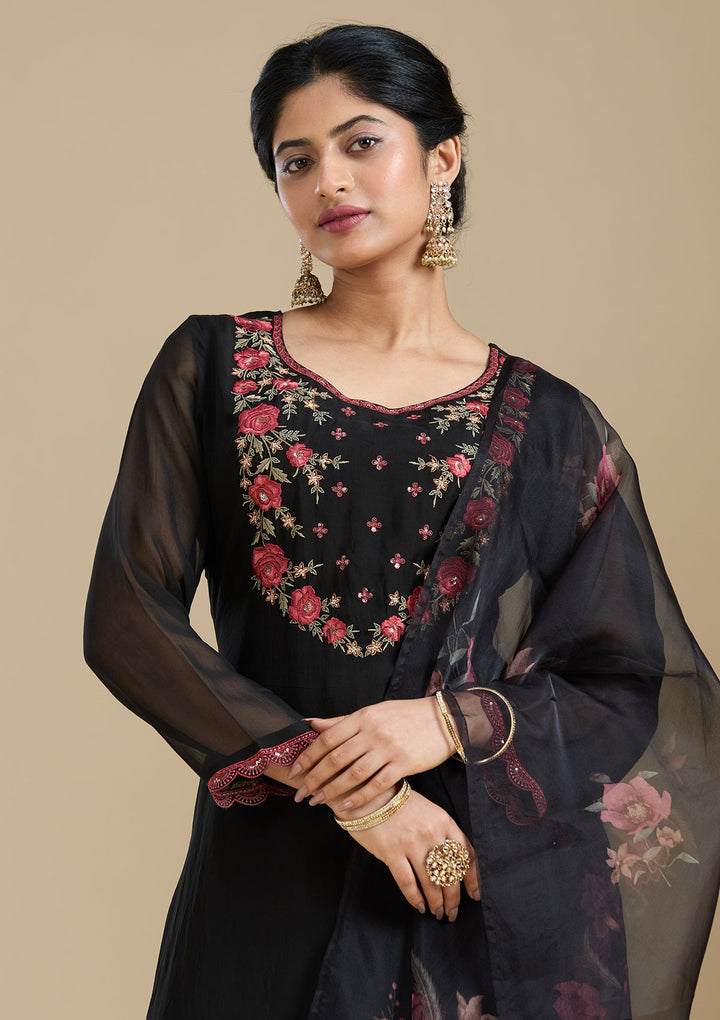 Black Threadwork Organza Readymade Salwar Suit-Koskii