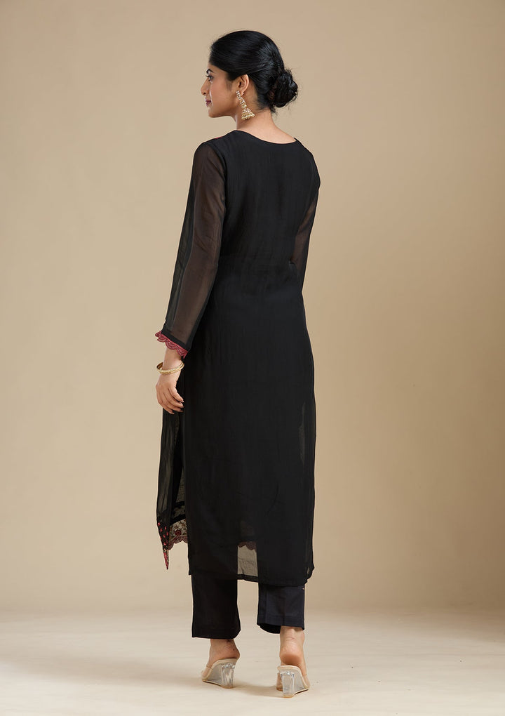 Black Threadwork Organza Readymade Salwar Suit-Koskii