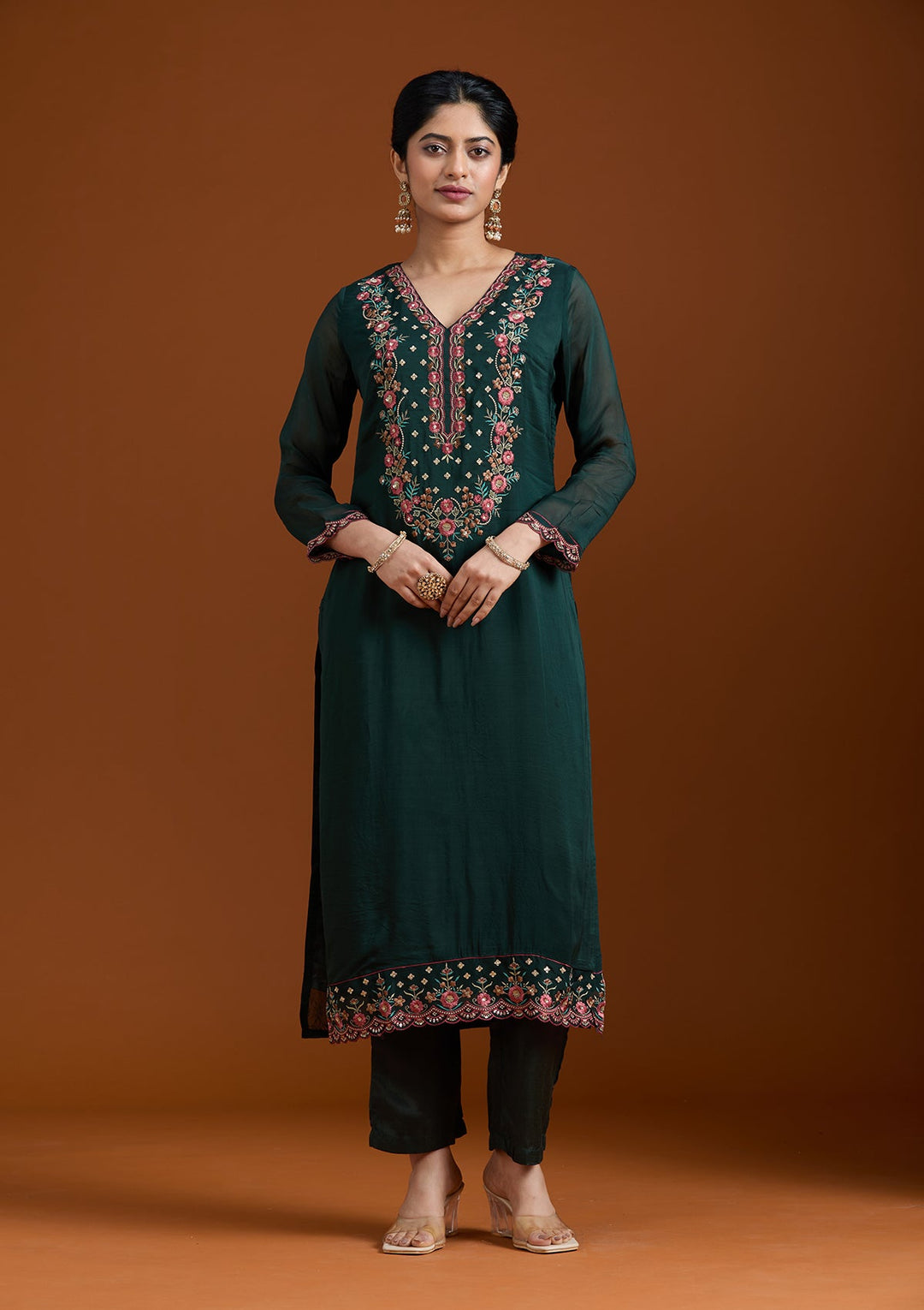Bottle Green Threadwork Organza Readymade Salwar Suit-Koskii