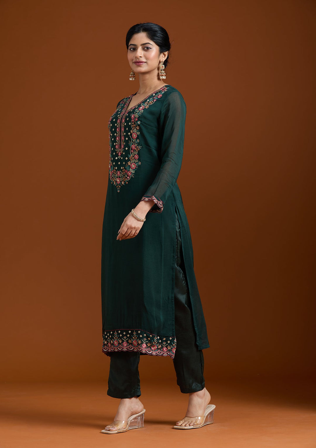 Bottle Green Threadwork Organza Readymade Salwar Suit-Koskii
