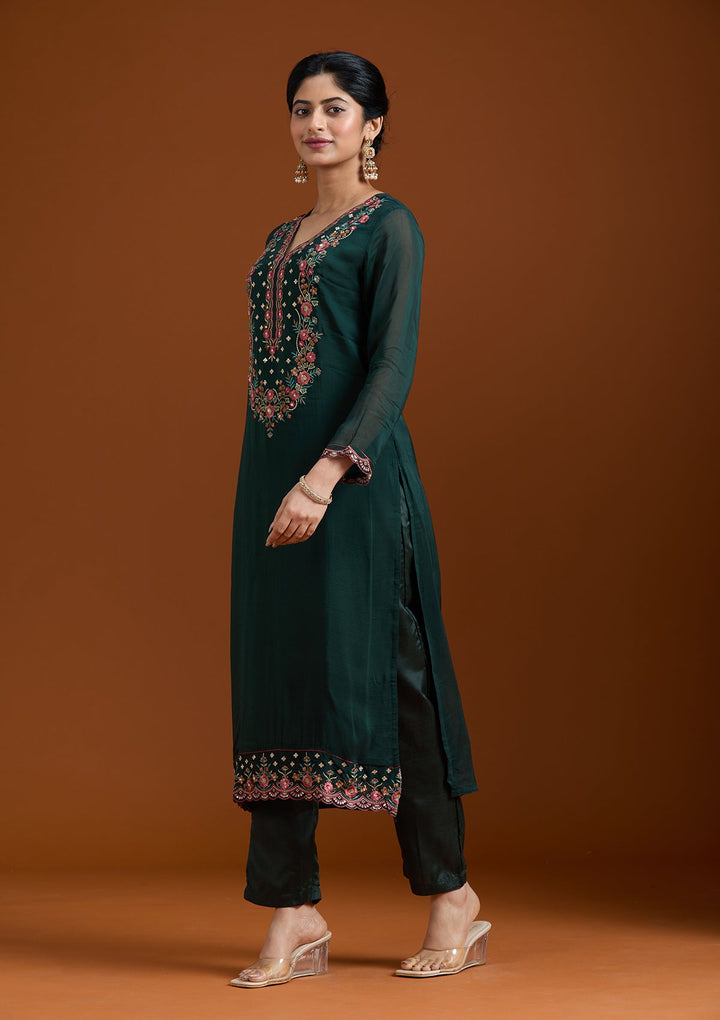 Bottle Green Threadwork Organza Readymade Salwar Suit-Koskii