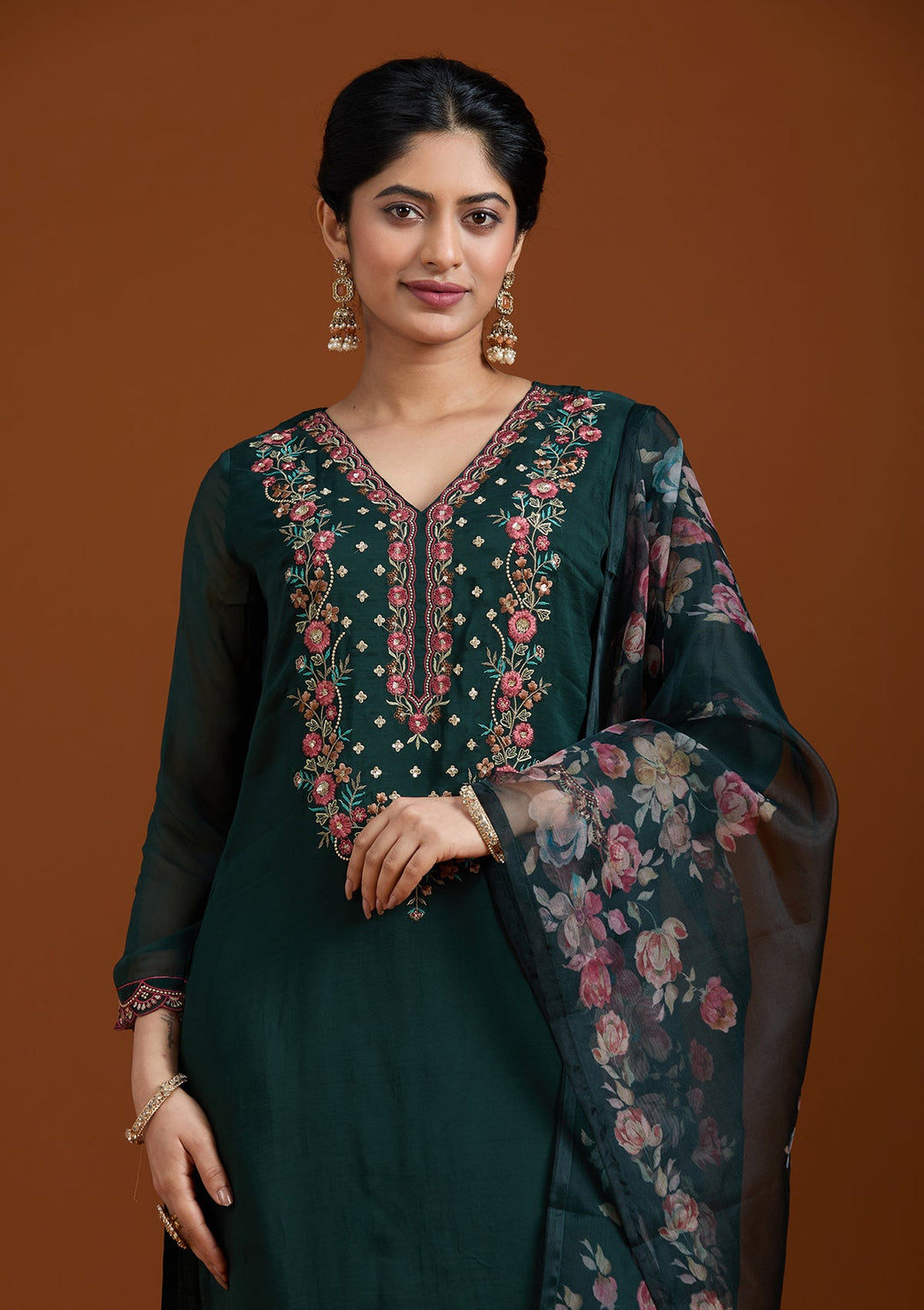 Bottle Green Threadwork Organza Readymade Salwar Suit-Koskii