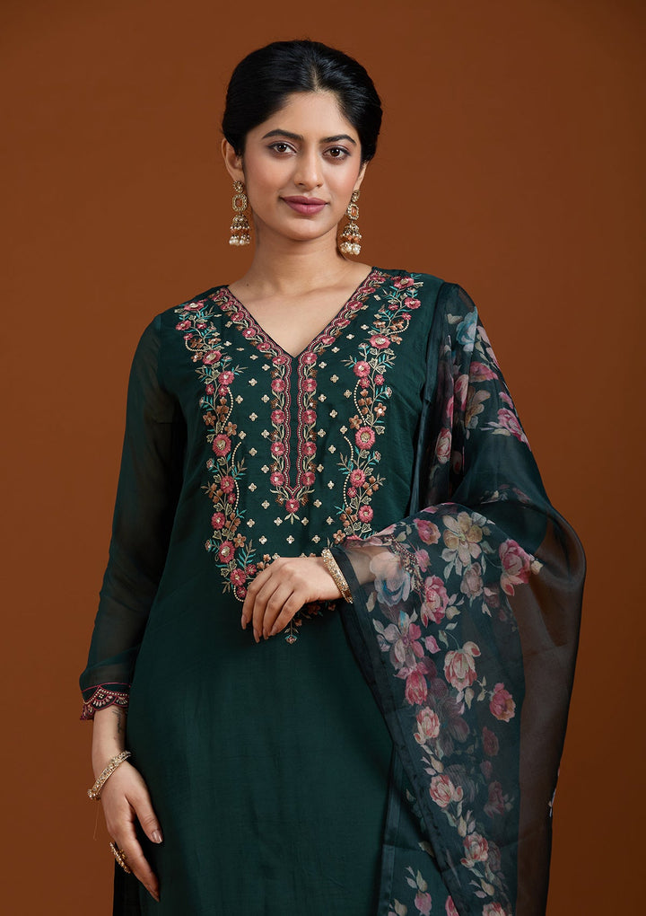 Bottle Green Threadwork Organza Readymade Salwar Suit-Koskii