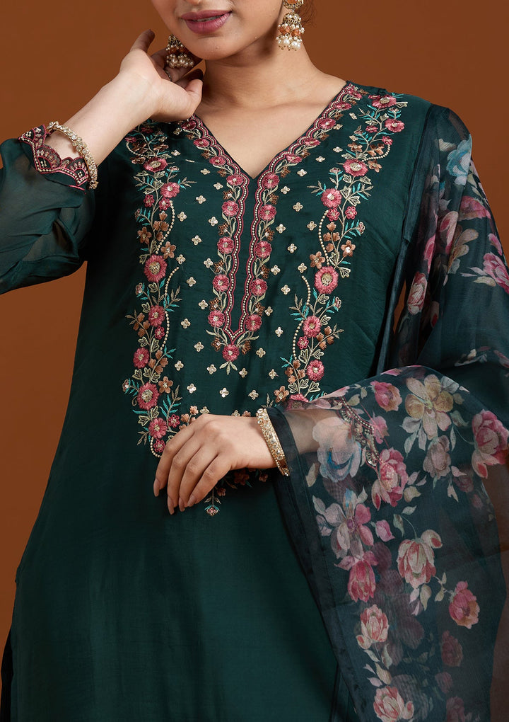 Bottle Green Threadwork Organza Readymade Salwar Suit-Koskii