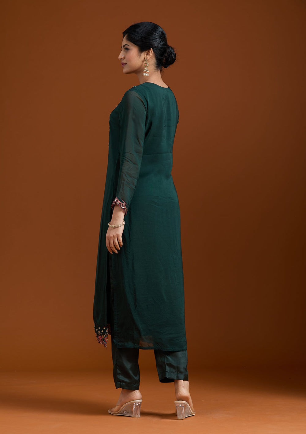 Bottle Green Threadwork Organza Readymade Salwar Suit-Koskii