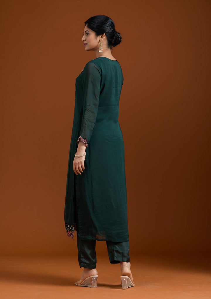 Bottle Green Threadwork Organza Readymade Salwar Suit-Koskii