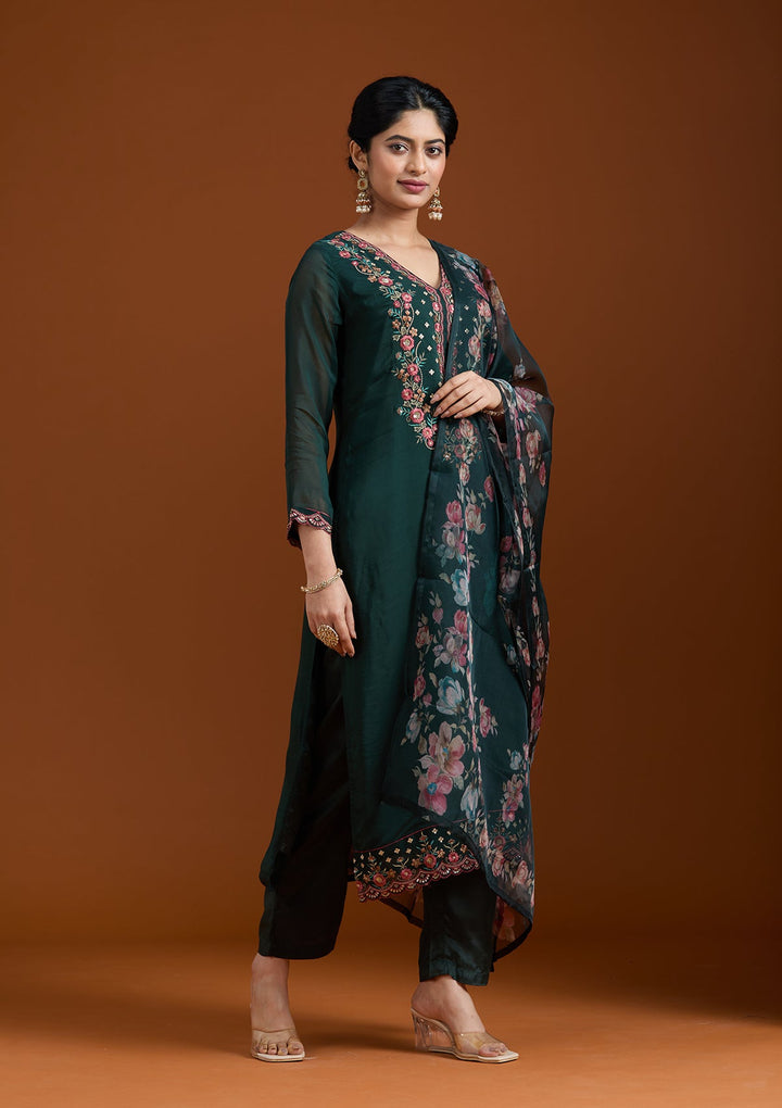 Bottle Green Threadwork Organza Readymade Salwar Suit-Koskii