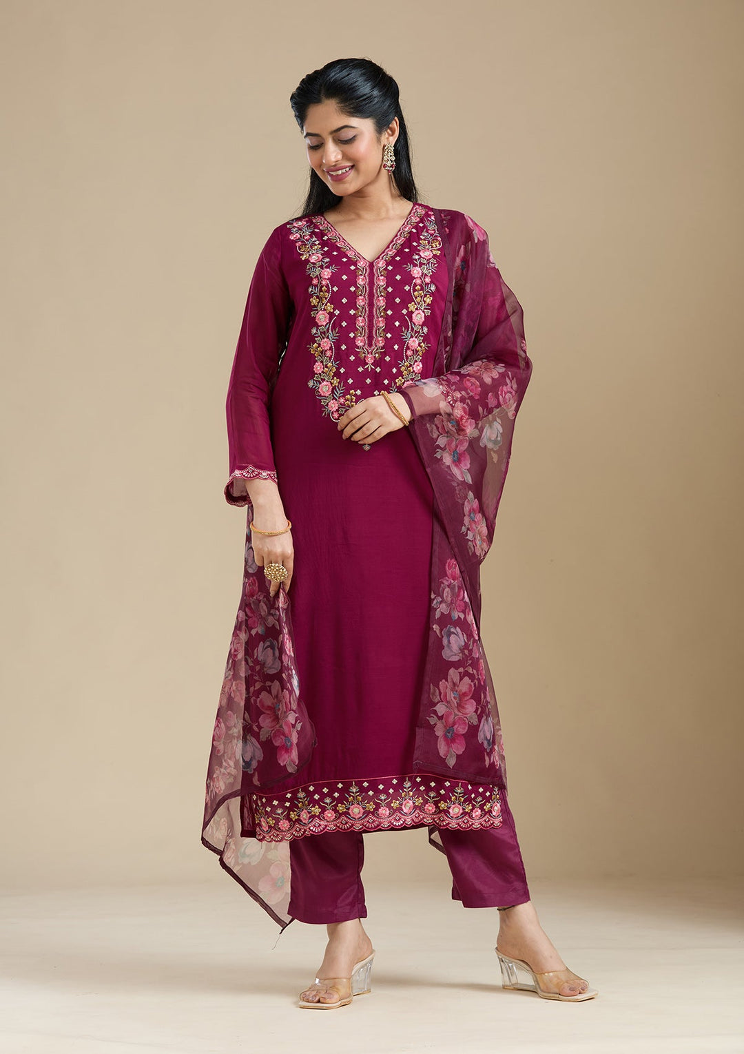 Wine Threadwork Organza Readymade Salwar Suit-Koskii