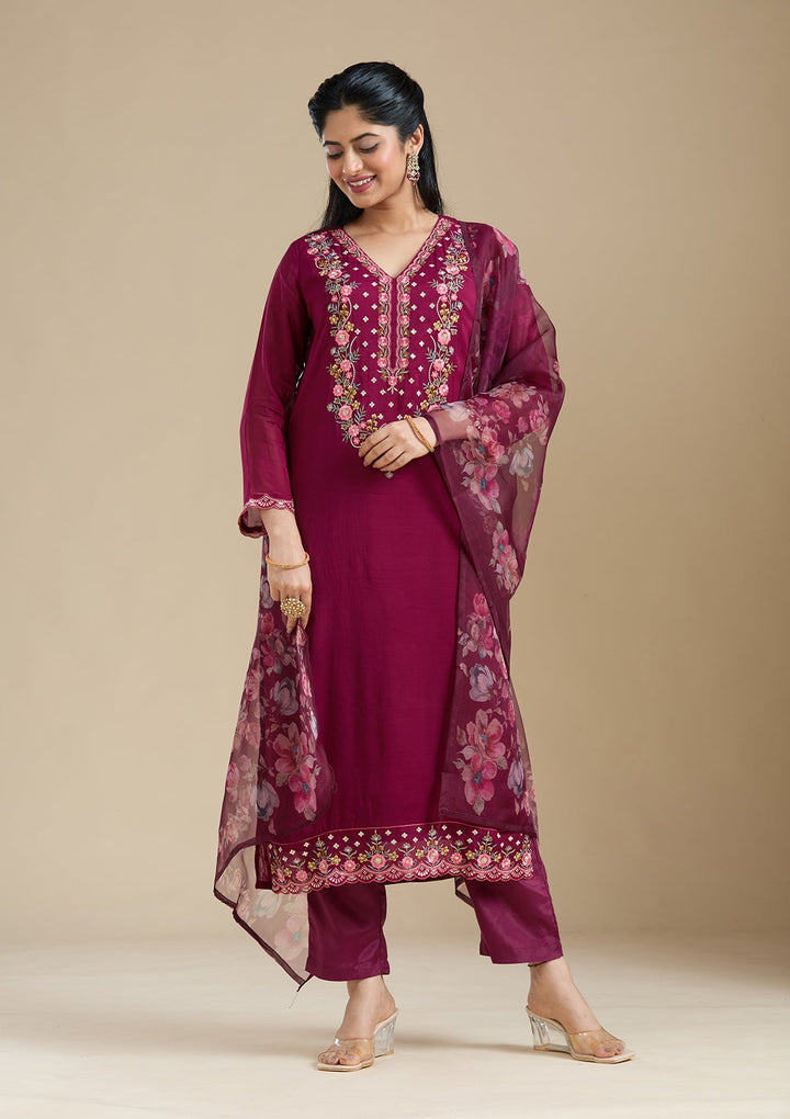 Wine Threadwork Organza Readymade Salwar Suit-Koskii