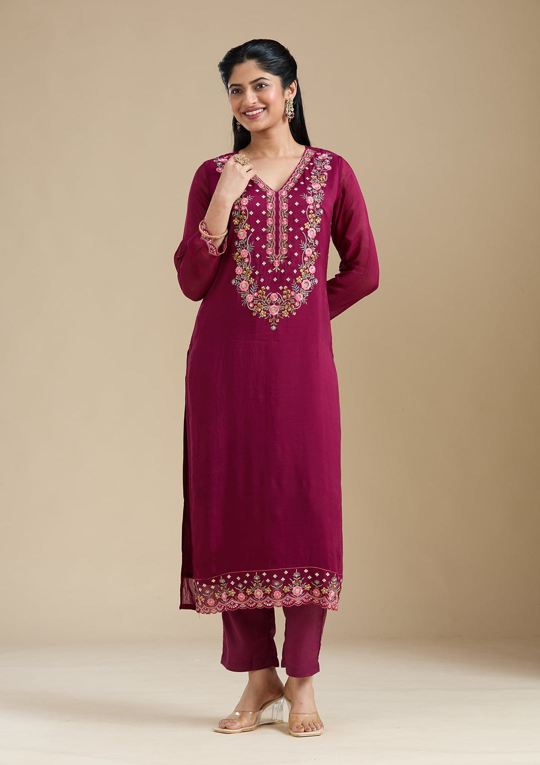 Wine Threadwork Organza Readymade Salwar Suit-Koskii