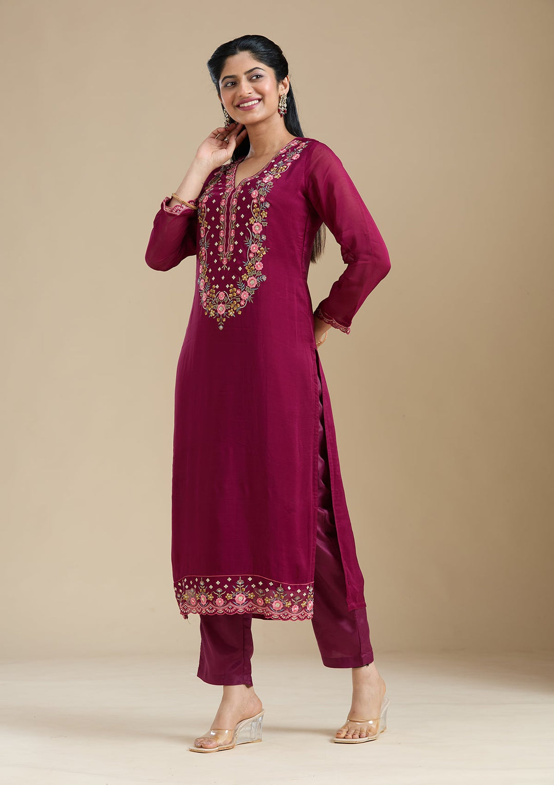 Wine Threadwork Organza Readymade Salwar Suit-Koskii