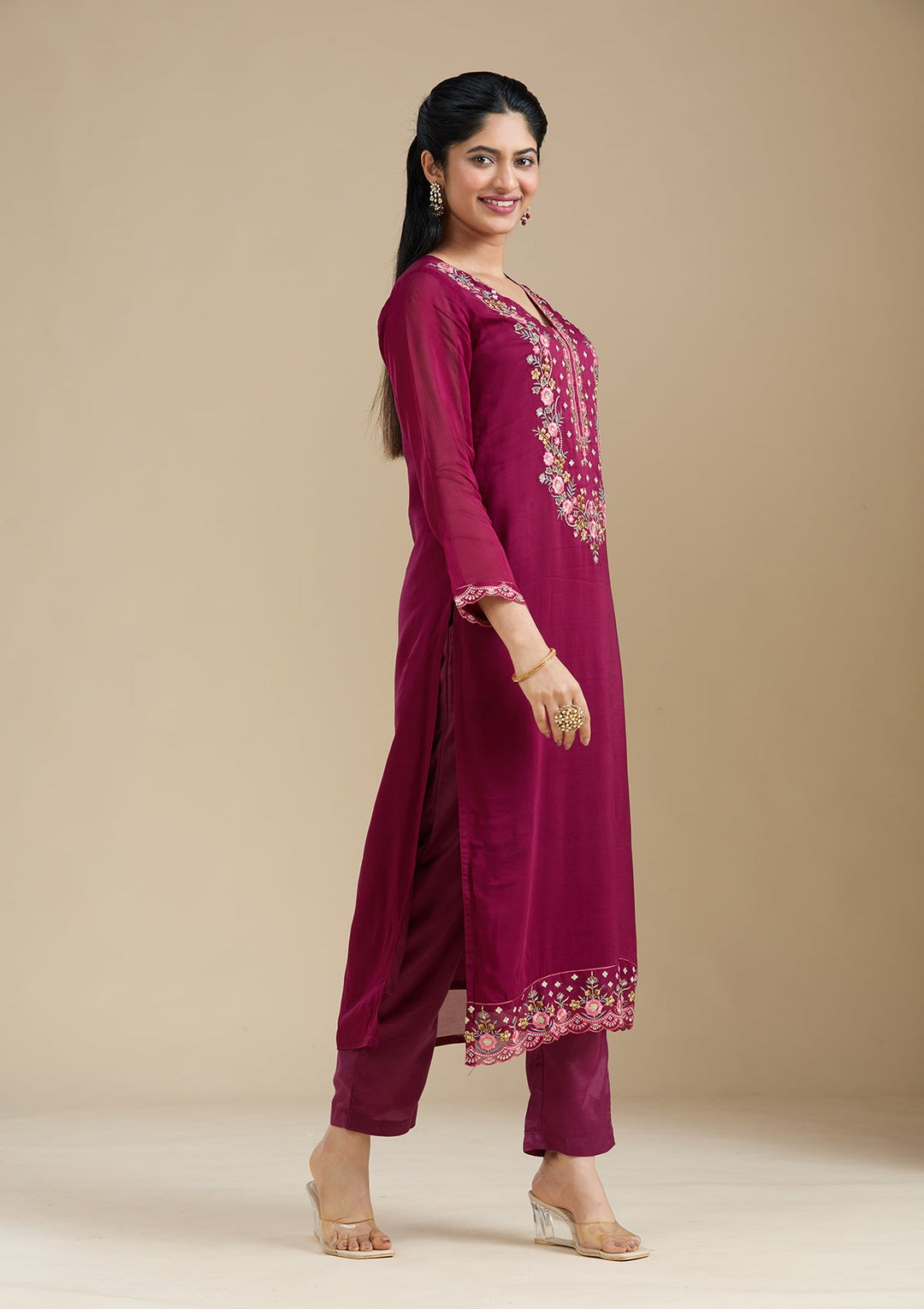 Wine Threadwork Organza Readymade Salwar Suit-Koskii