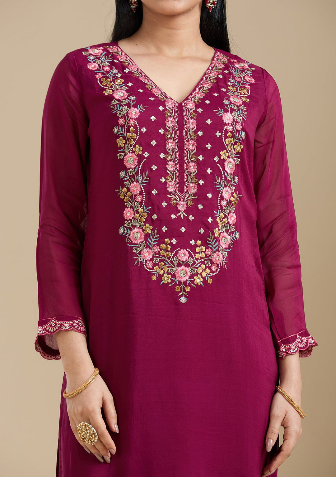 Wine Threadwork Organza Readymade Salwar Suit-Koskii