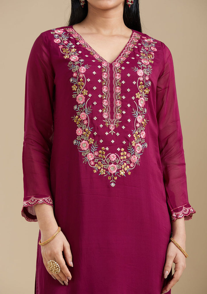 Wine Threadwork Organza Readymade Salwar Suit-Koskii