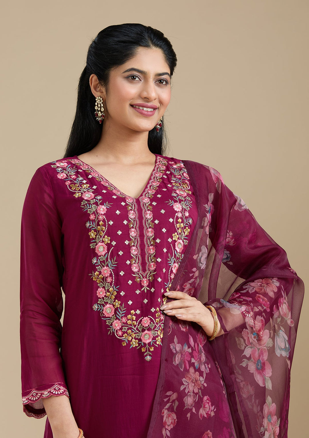 Wine Threadwork Organza Readymade Salwar Suit-Koskii