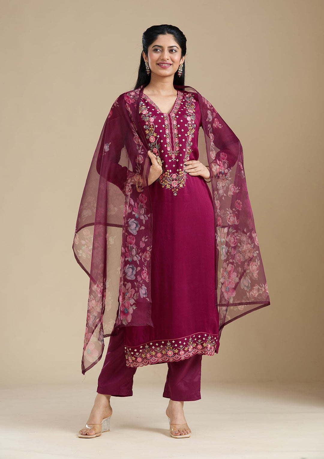 Wine Threadwork Organza Readymade Salwar Suit-Koskii