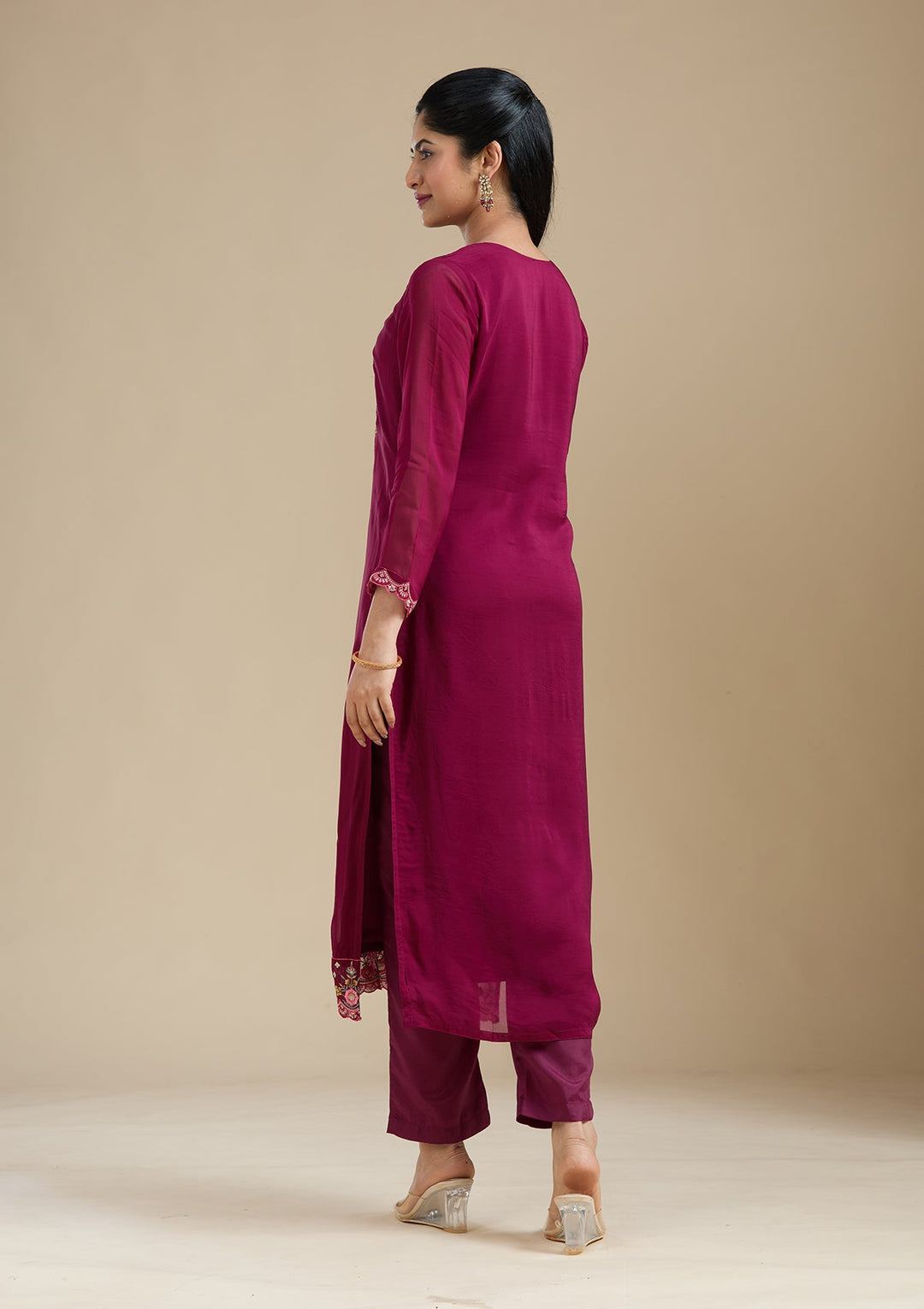 Wine Threadwork Organza Readymade Salwar Suit-Koskii