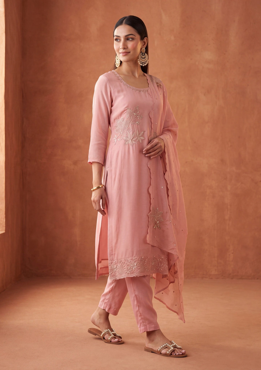 Light Peach Zariwork (Silver) Silk Readymade Salwar Suit
