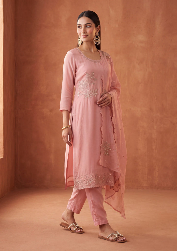 Light Peach Zariwork (Silver) Silk Readymade Salwar Suit