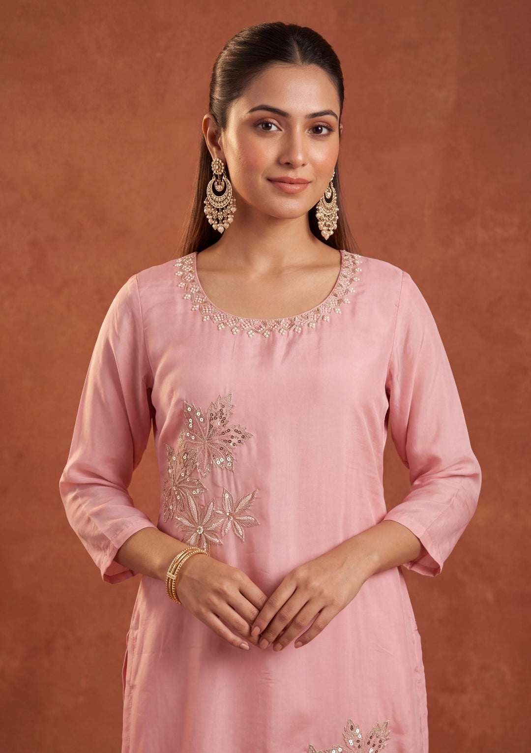 Light Peach Zariwork (Silver) Silk Readymade Salwar Suit