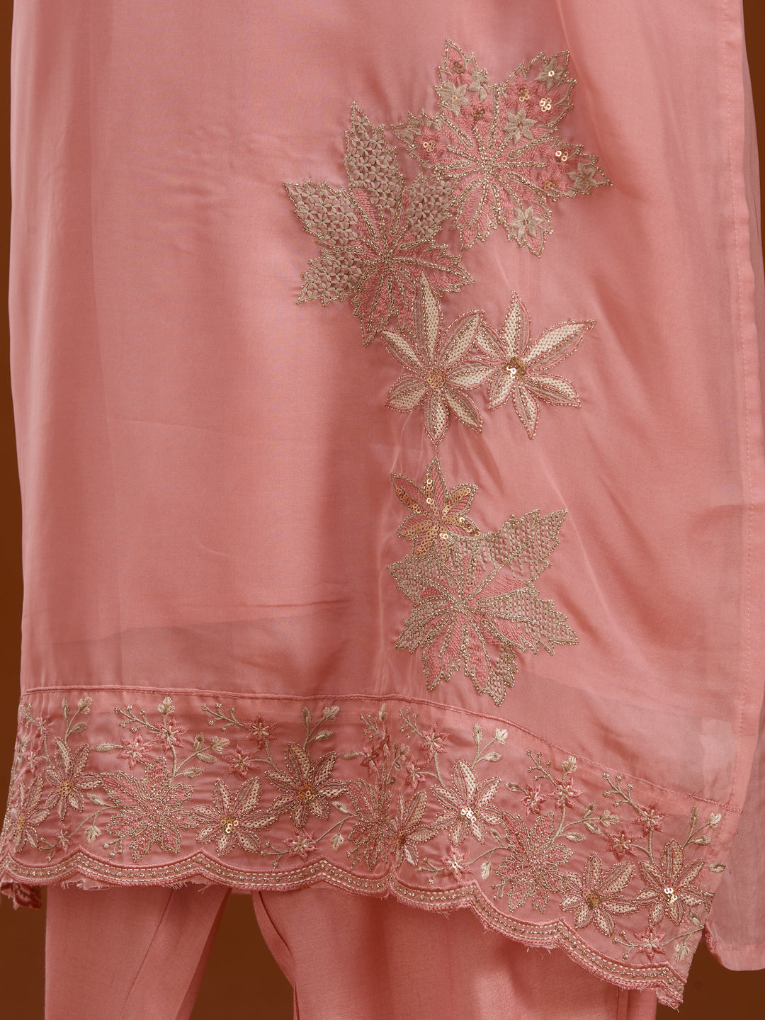 Light Peach Zariwork (Silver) Silk Readymade Salwar Suit