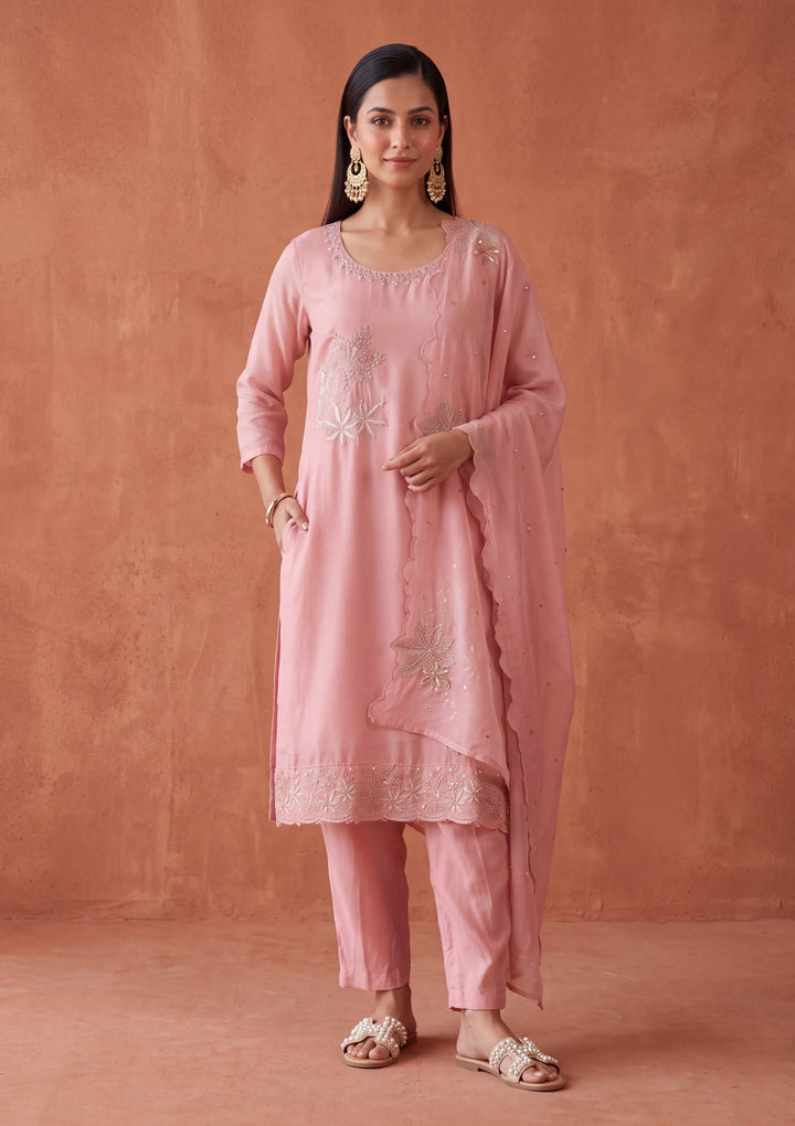 Light Peach Zariwork (Silver) Silk Readymade Salwar Suit