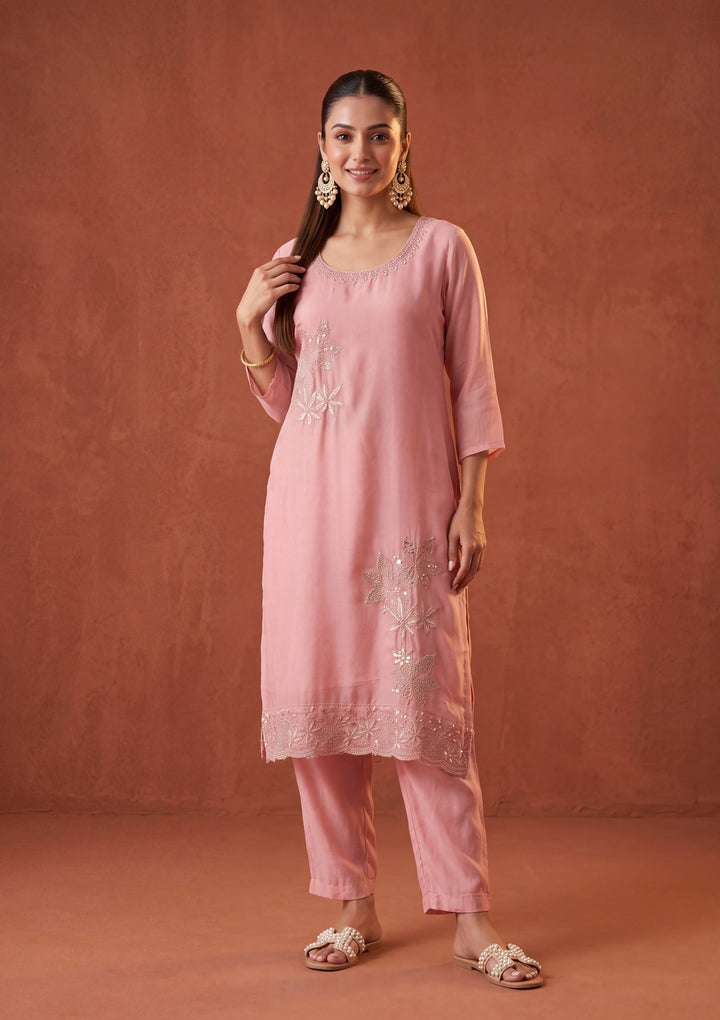 Light Peach Zariwork (Silver) Silk Readymade Salwar Suit