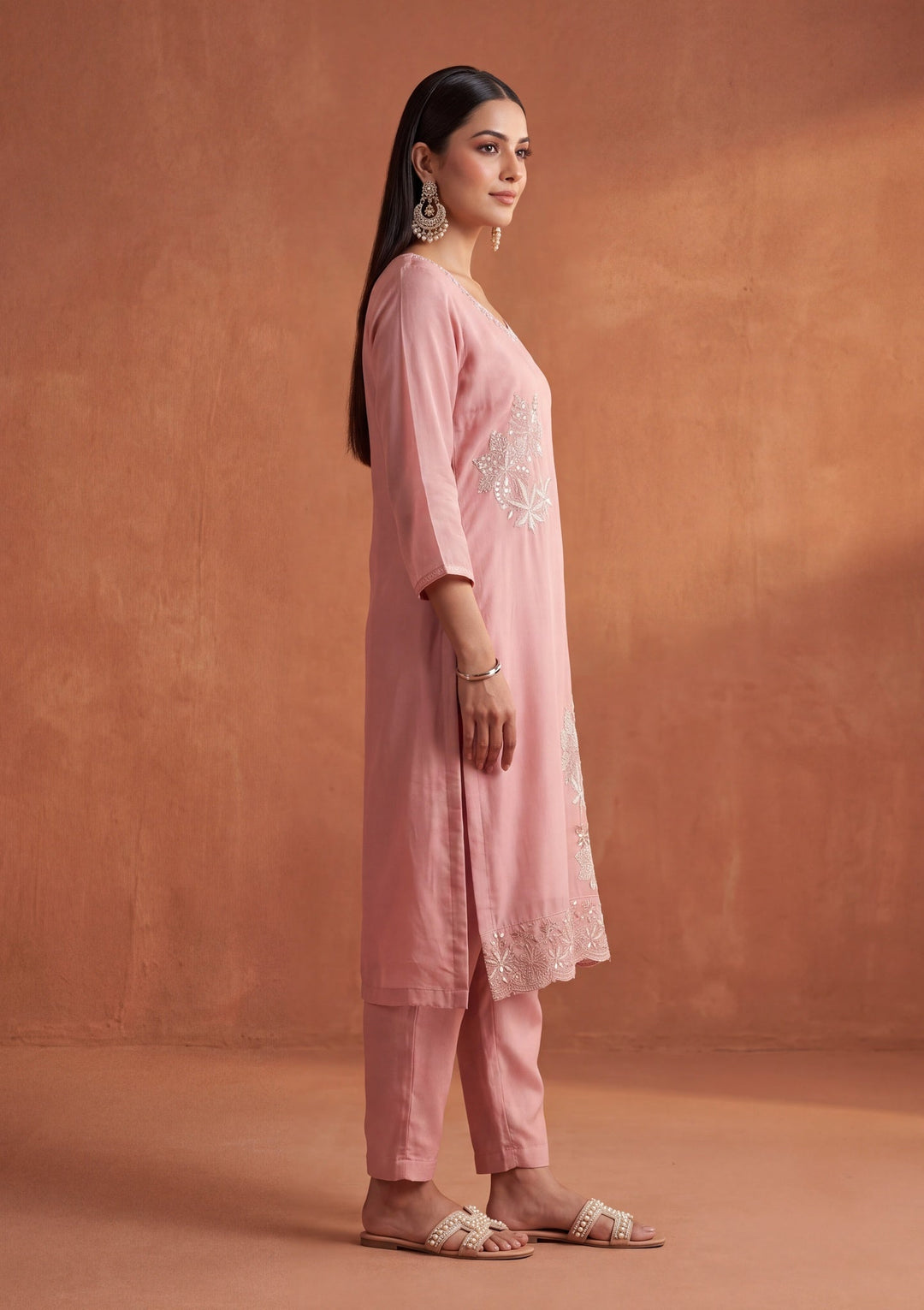 Light Peach Zariwork (Silver) Silk Readymade Salwar Suit