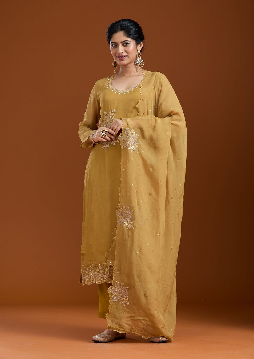Mustard Yellow Zardozi (Gold) Organza Readymade Salwar Suit-Koskii