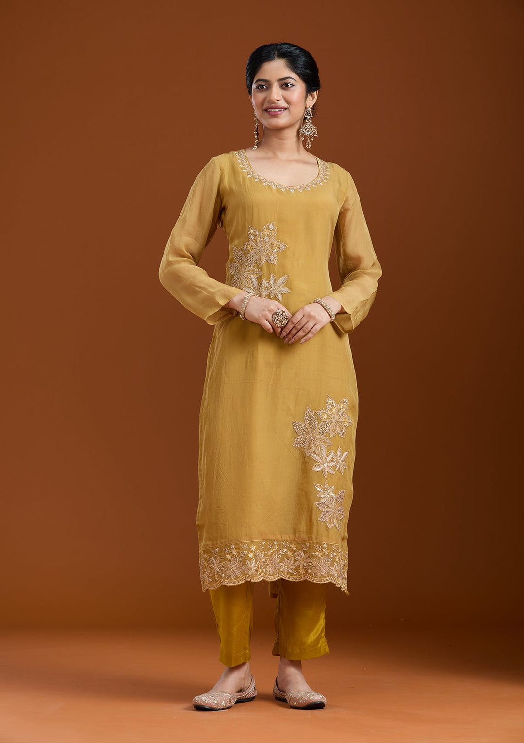 Mustard Yellow Zardozi (Gold) Organza Readymade Salwar Suit-Koskii