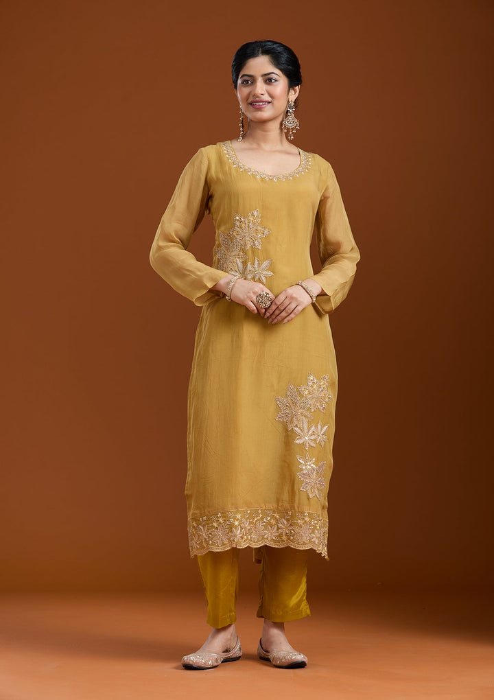 Mustard Yellow Zardozi (Gold) Organza Readymade Salwar Suit-Koskii