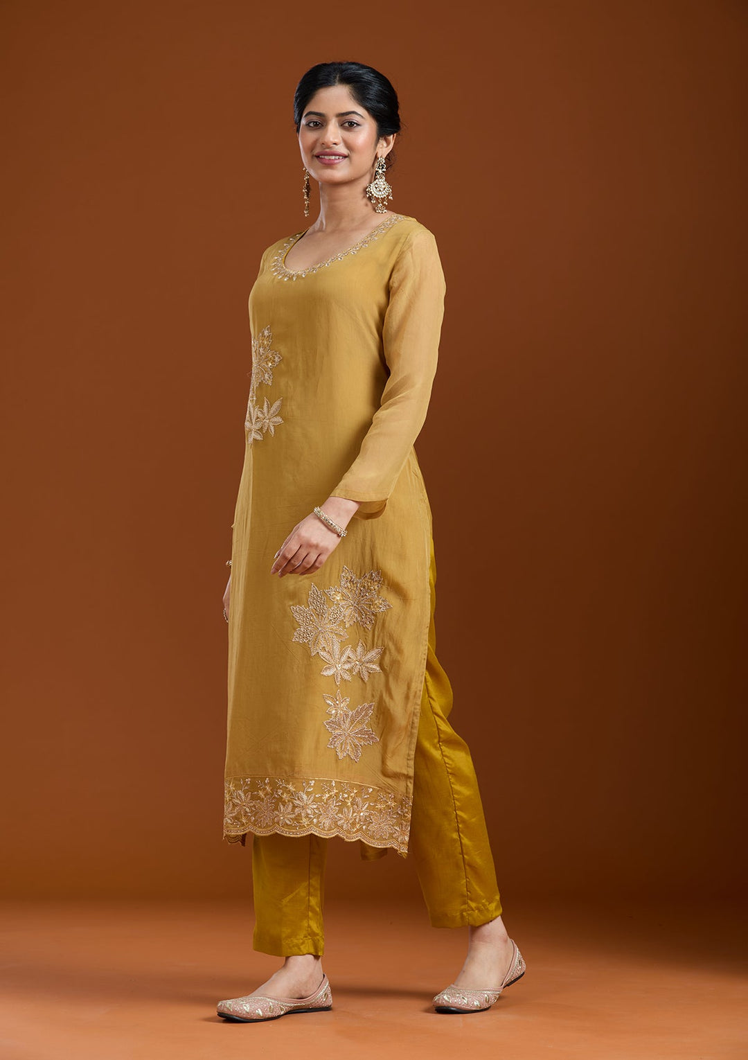 Mustard Yellow Zardozi (Gold) Organza Readymade Salwar Suit-Koskii