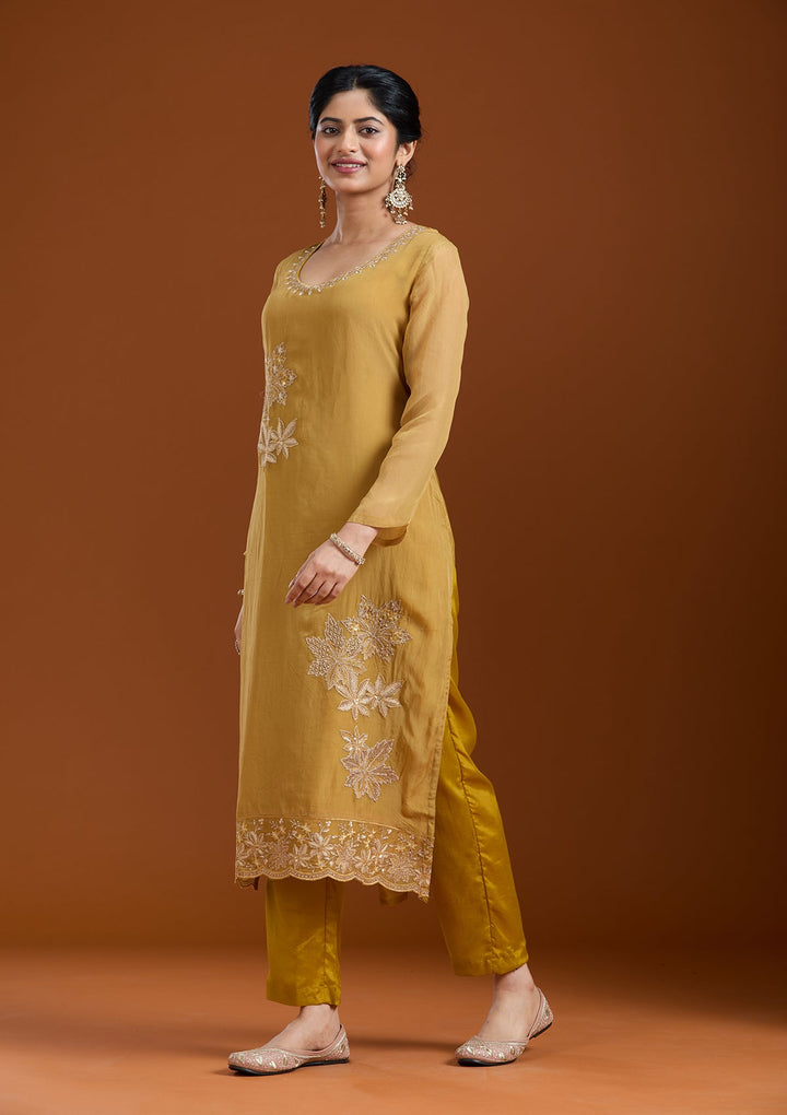 Mustard Yellow Zardozi (Gold) Organza Readymade Salwar Suit-Koskii