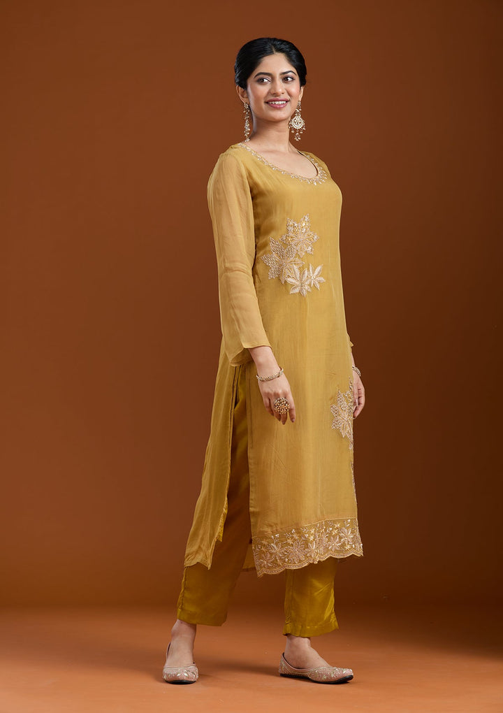 Mustard Yellow Zardozi (Gold) Organza Readymade Salwar Suit-Koskii