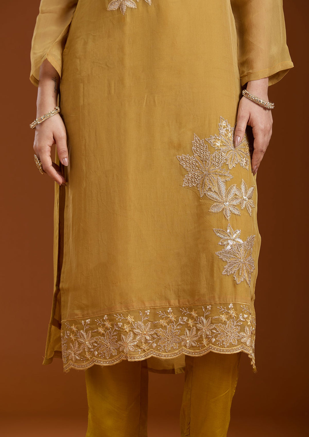 Mustard Yellow Zardozi (Gold) Organza Readymade Salwar Suit-Koskii